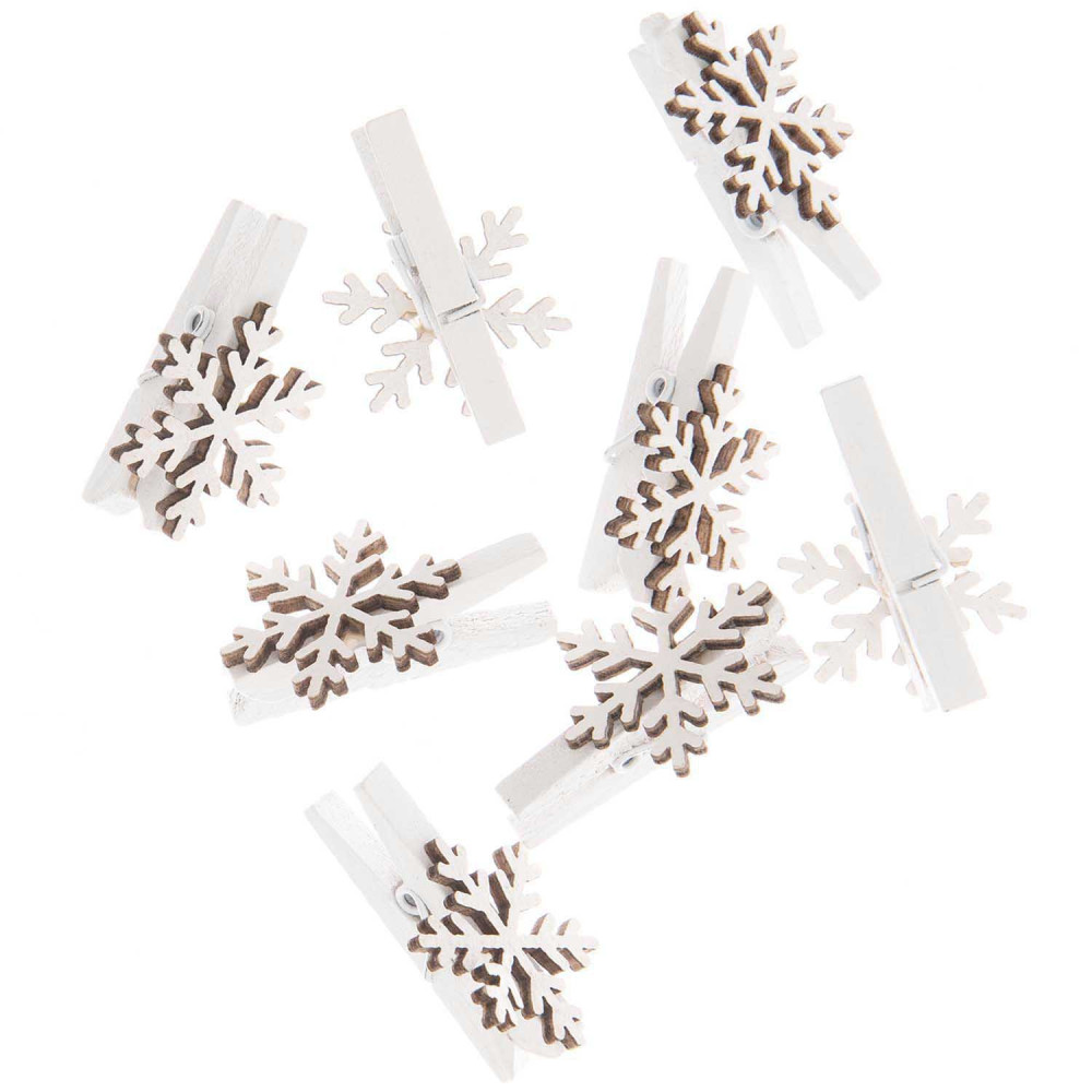 Wooden deco clips - Rico Design - Snowflake, white, 8 pcs.
