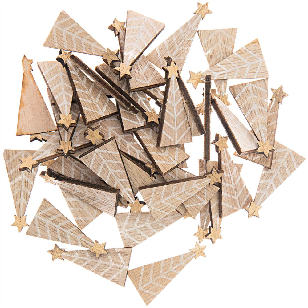 Drewniane konfetti świąteczne - Rico Design - Choinki, naturalne, 48 szt.