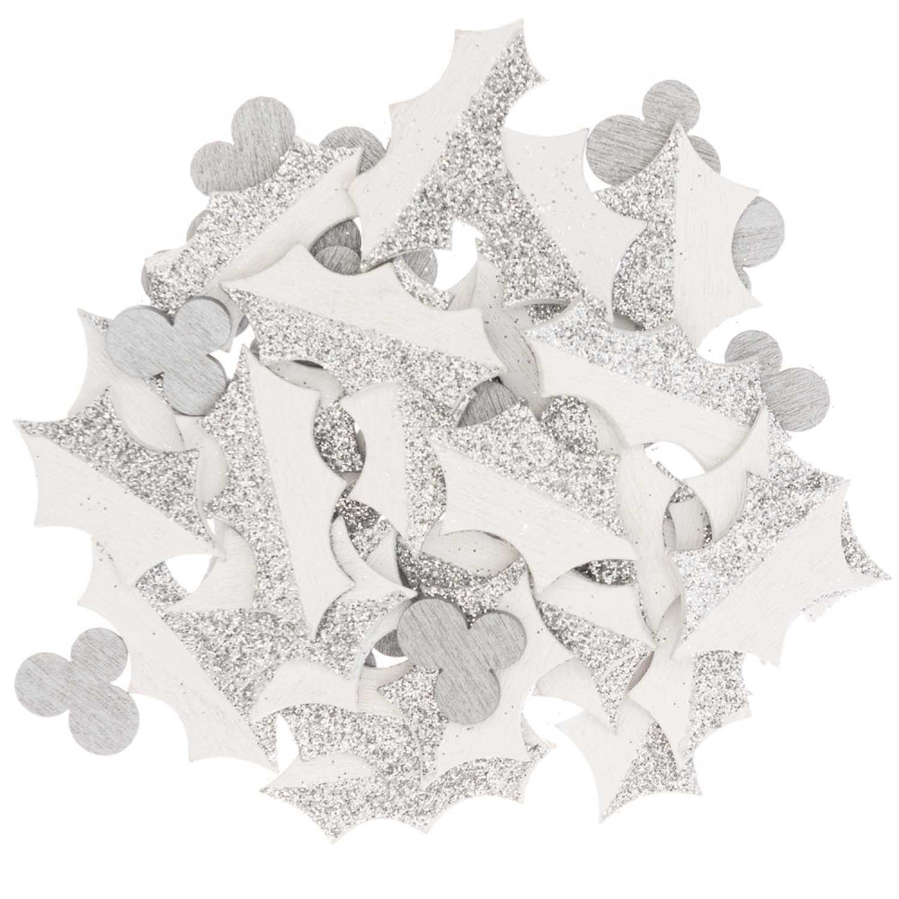 Drewniane konfetti świąteczne - Rico Design - Ostrokrzew, białe, 48 szt.