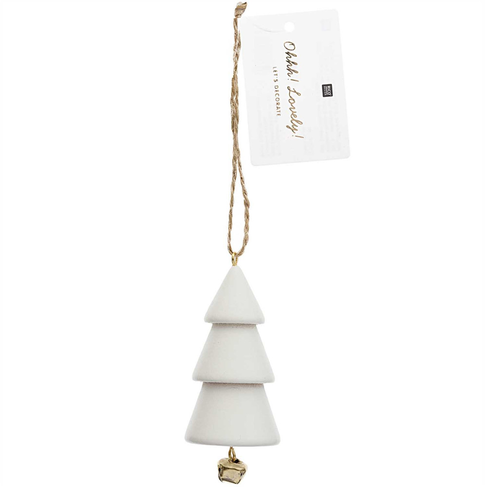 Zawieszka drewniana świąteczna - Rico Design - Choinka z dzwoneczkiem, 9,5 cm