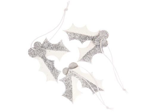 Wooden Christmas pendants Holly - Rico Design - white and silver, 3 pcs.