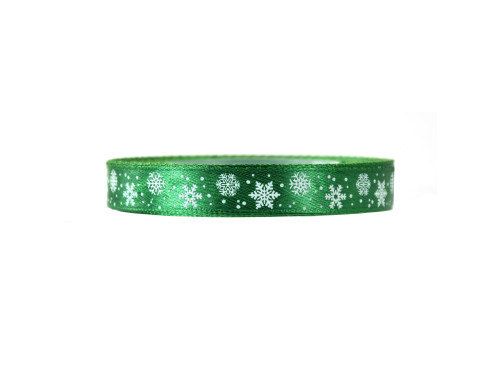Satin ribbon Snowflakes - green, 12 mm x 22 m