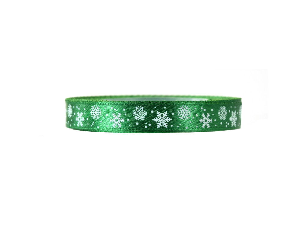 Satin ribbon Snowflakes - green, 12 mm x 22 m