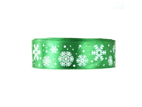 Satin ribbon Snowflakes - green, 25 mm x 22 m