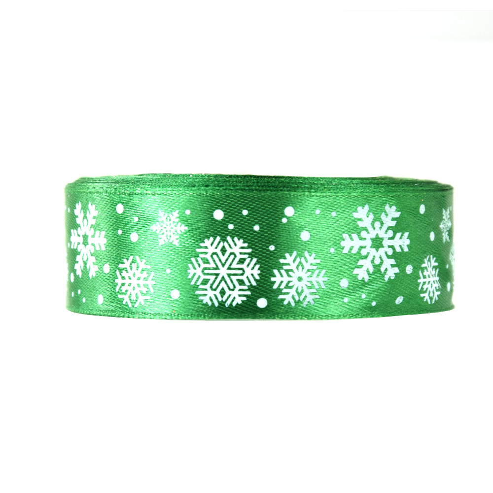 Satin ribbon Snowflakes - green, 25 mm x 22 m