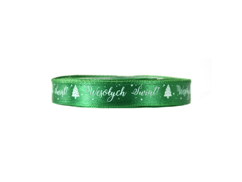 Satin ribbon Wesołych Świąt - green, 12,5 mm x 22 m
