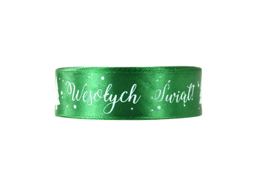 Satin ribbon Wesołych Świąt - green, 25 mm x 22 m