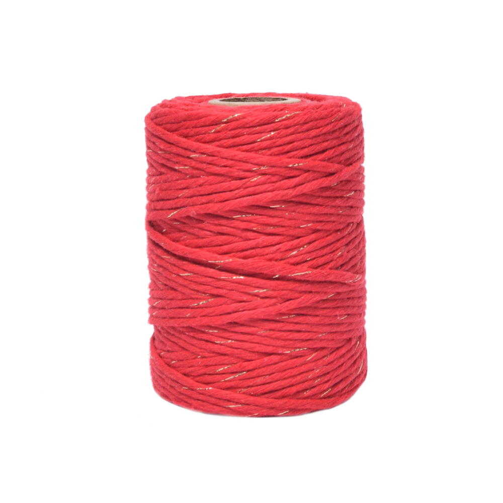 Cotton cord for macrames - red with gold thread, 3 mm, 100 m