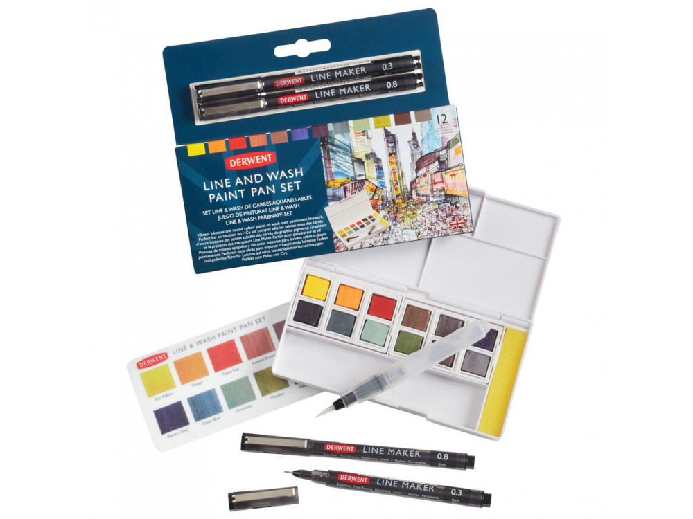 Zestaw farb akwarelowych Line & Wash Paint Pan Set - Derwent - 12 kolorów