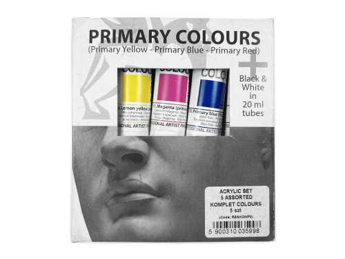 Set of acrylic paints in tubes - Renesans - primary colors, 5 pcs