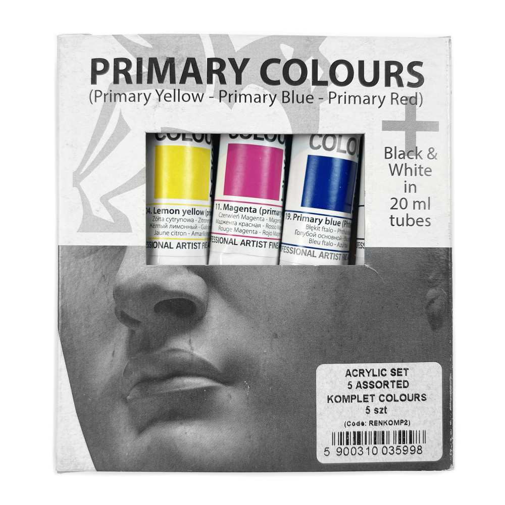 Set of acrylic paints in tubes - Renesans - primary colors, 5 pcs