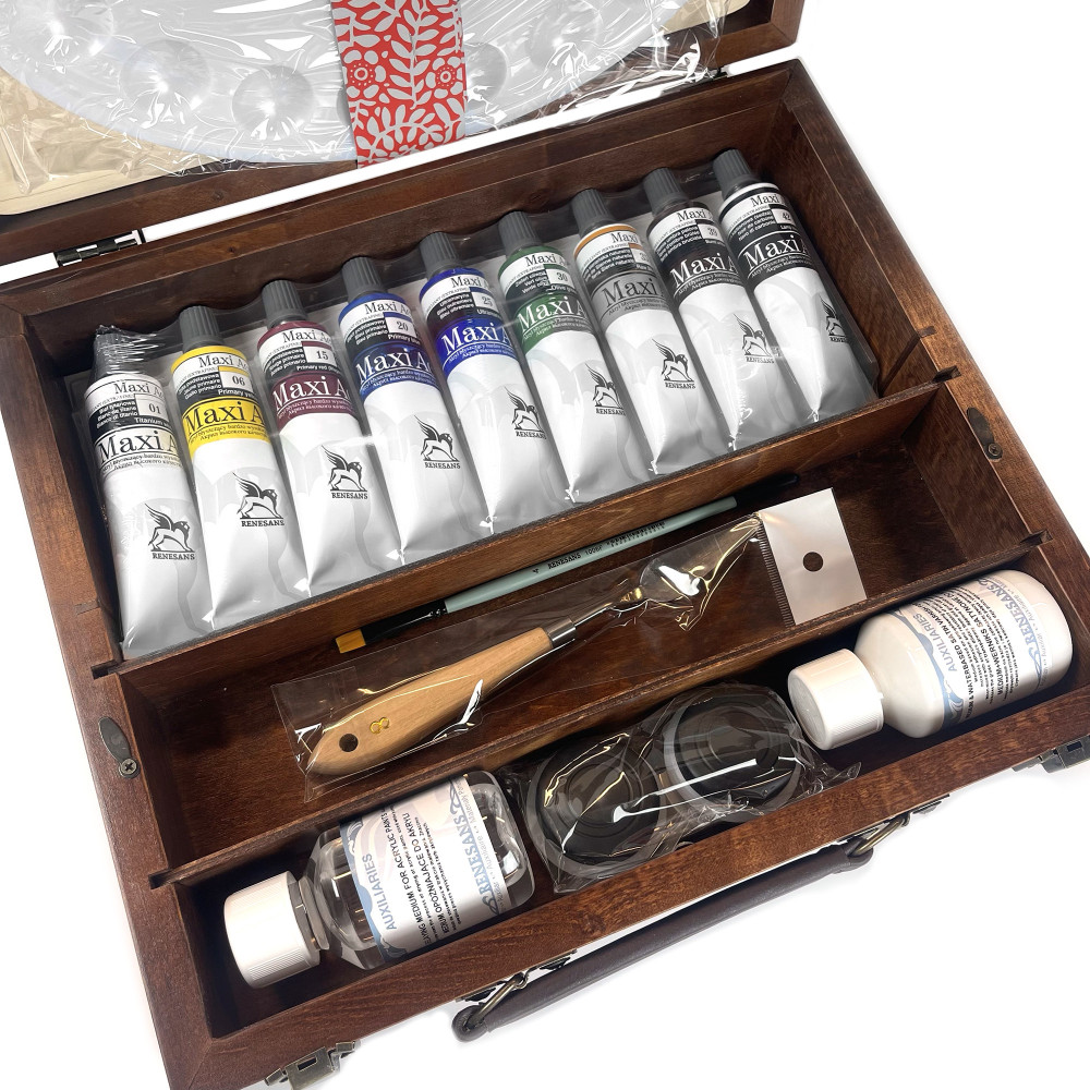 Set of Maxi Acril acrylic paints in wooden case - Renesans - 9 colors x 60 ml