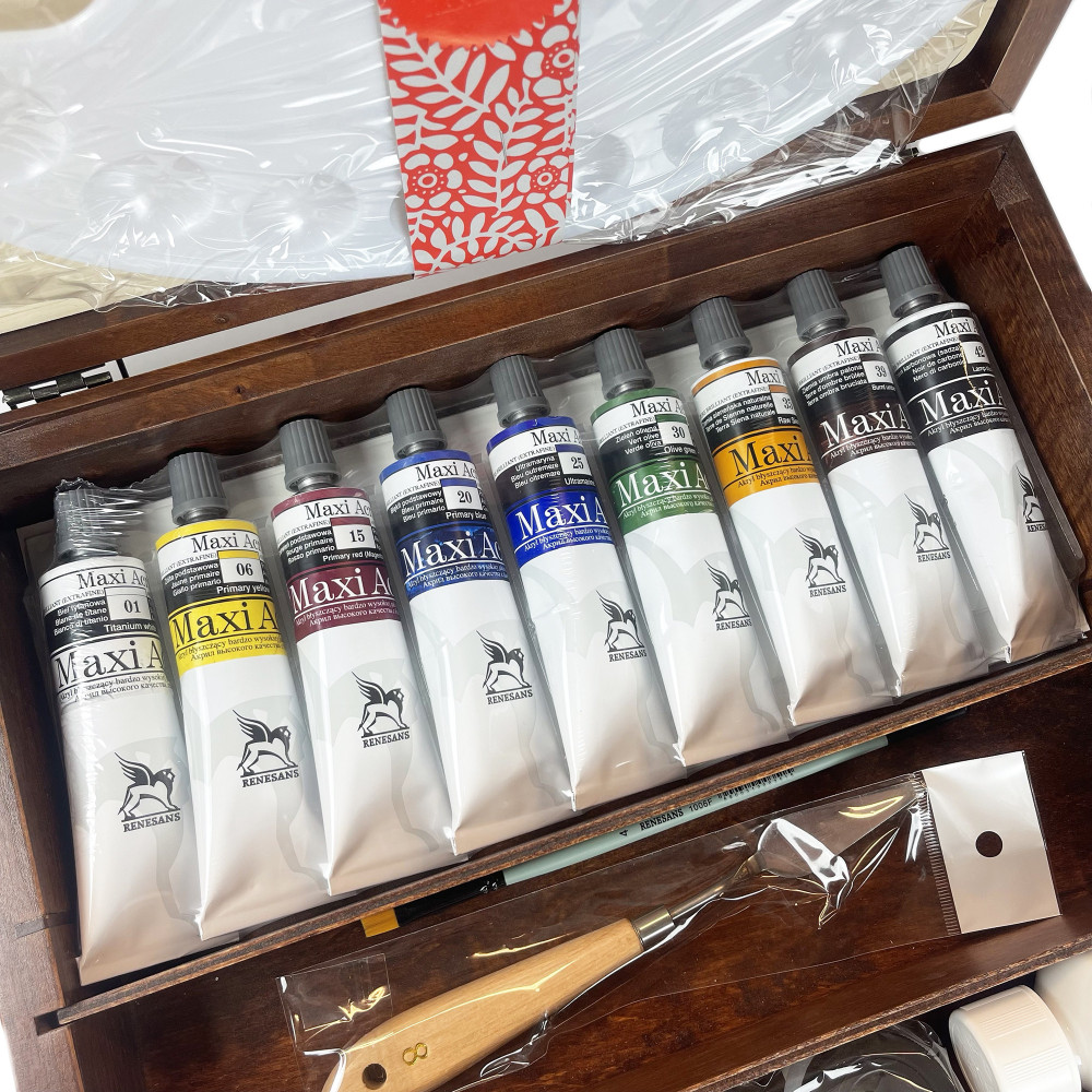 Set of Maxi Acril acrylic paints in wooden case - Renesans - 9 colors x 60 ml