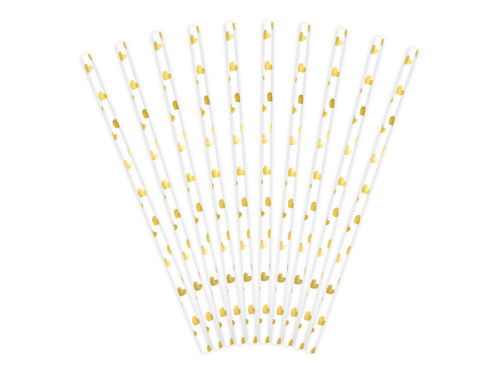 Paper straws with hearts - white and gold, 19,5 cm, 10 pcs