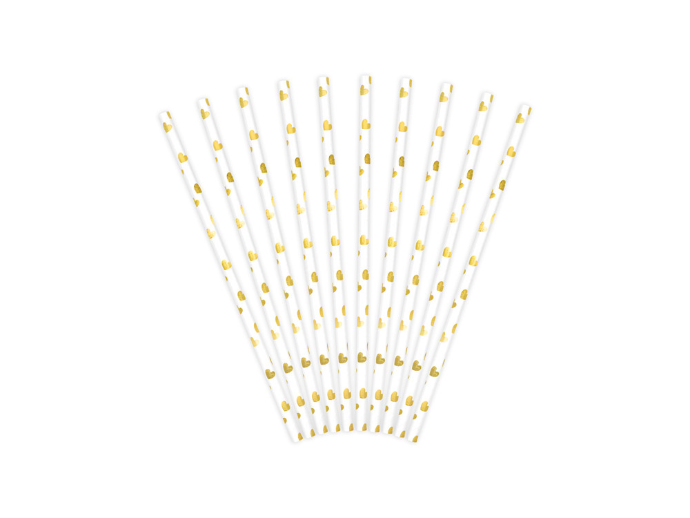 Paper straws with hearts - white and gold, 19,5 cm, 10 pcs