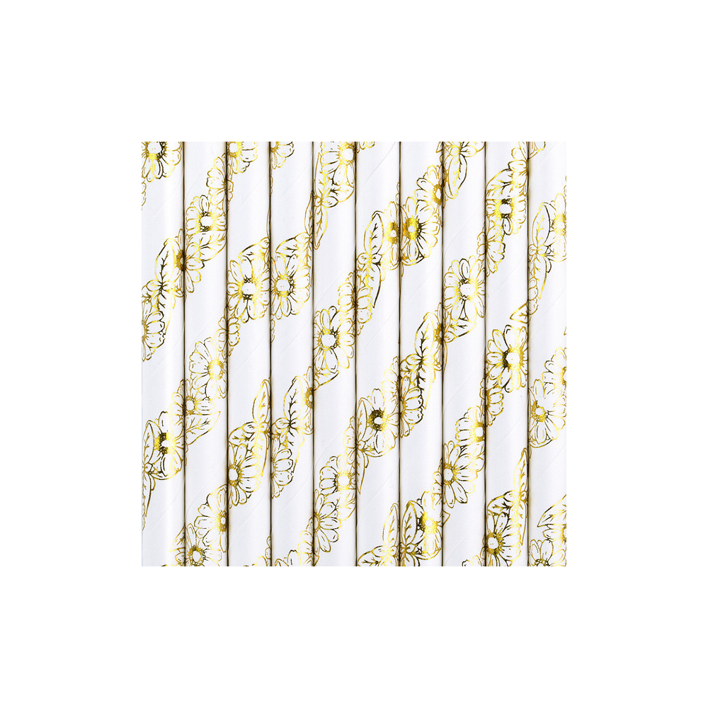 Paper straws with daisies - white and gold, 19,5 cm, 10 pcs