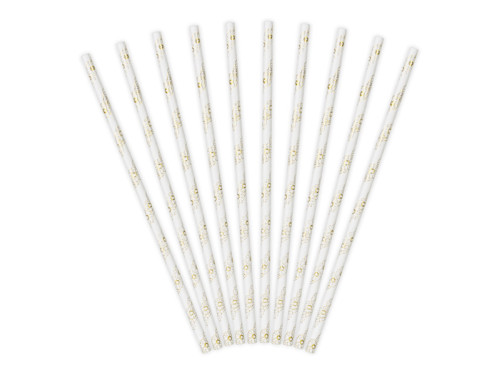 Paper straws with daisies - white and gold, 19,5 cm, 10 pcs