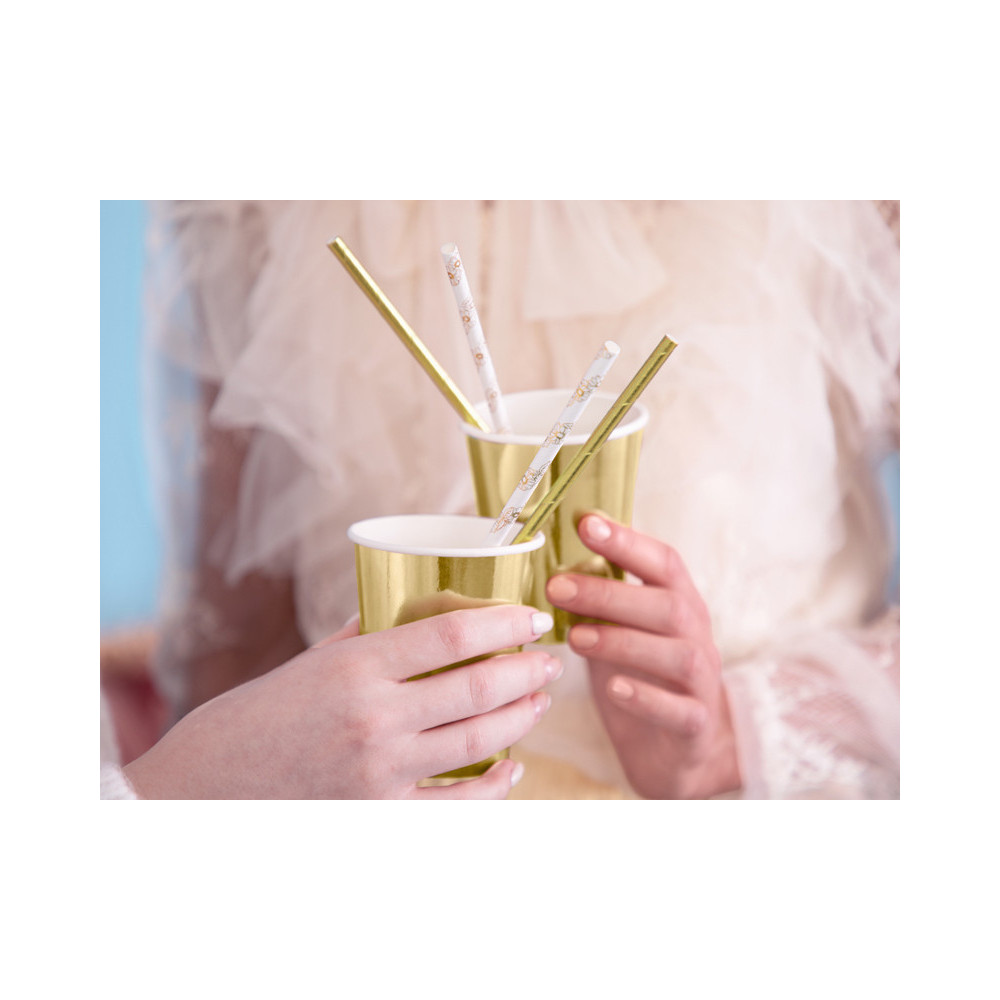 Paper straws with daisies - white and gold, 19,5 cm, 10 pcs