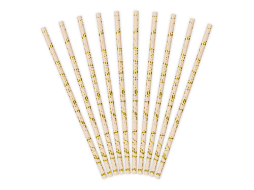 Paper straws with marble design - white and gold, 19,5 cm, 10 pcs
