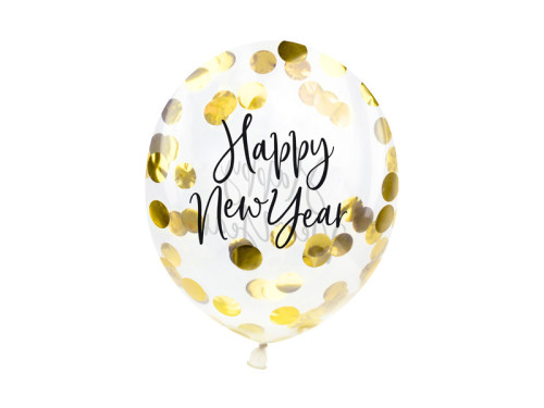 Balloon with confetti Happy New Year - gold, 27 cm, 3 pcs