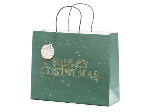 Torebka na prezenty, Merry Christmas - zielona, 32,5 x 26,5 x 11,5 cm