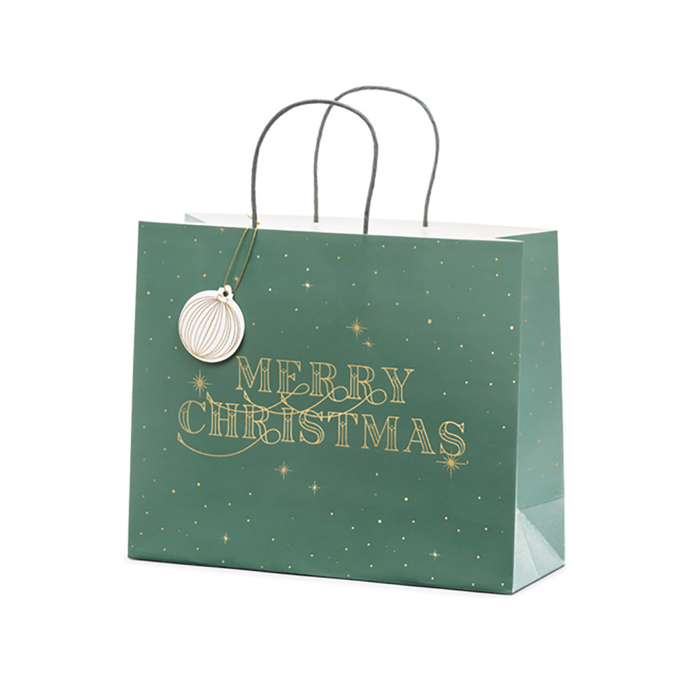 Torebka na prezenty, Merry Christmas - zielona, 32,5 x 26,5 x 11,5 cm