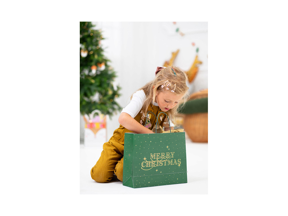Torebka na prezenty, Merry Christmas - zielona, 32,5 x 26,5 x 11,5 cm