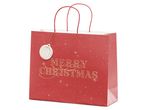 Torebka na prezenty, Merry Christmas - bordowa, 32,5 x 26,5 x 11,5 cm