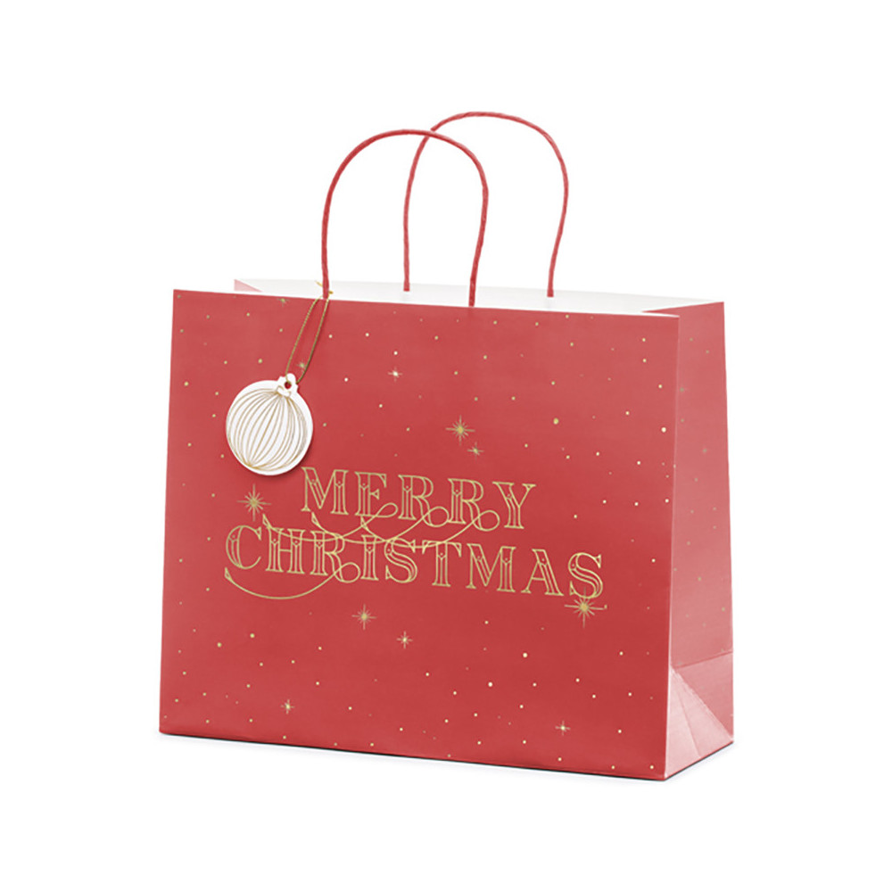 Torebka na prezenty, Merry Christmas - bordowa, 32,5 x 26,5 x 11,5 cm