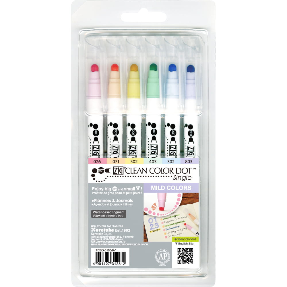 Zestaw pisaków Zig Clean Color Dot Single - Kuretake - 6 kolorów