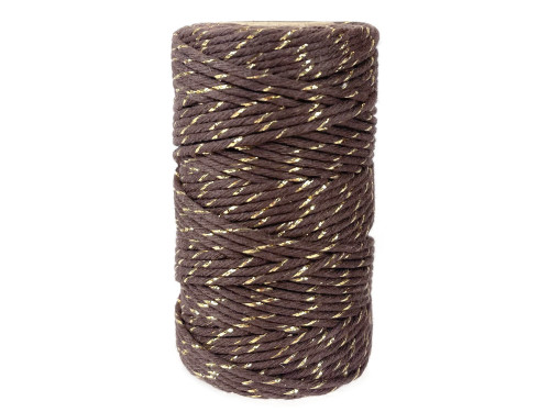 Sznurek bawełniany do makramy - brązowy ze złotą nicią, 2 mm, 100 g, 60 m