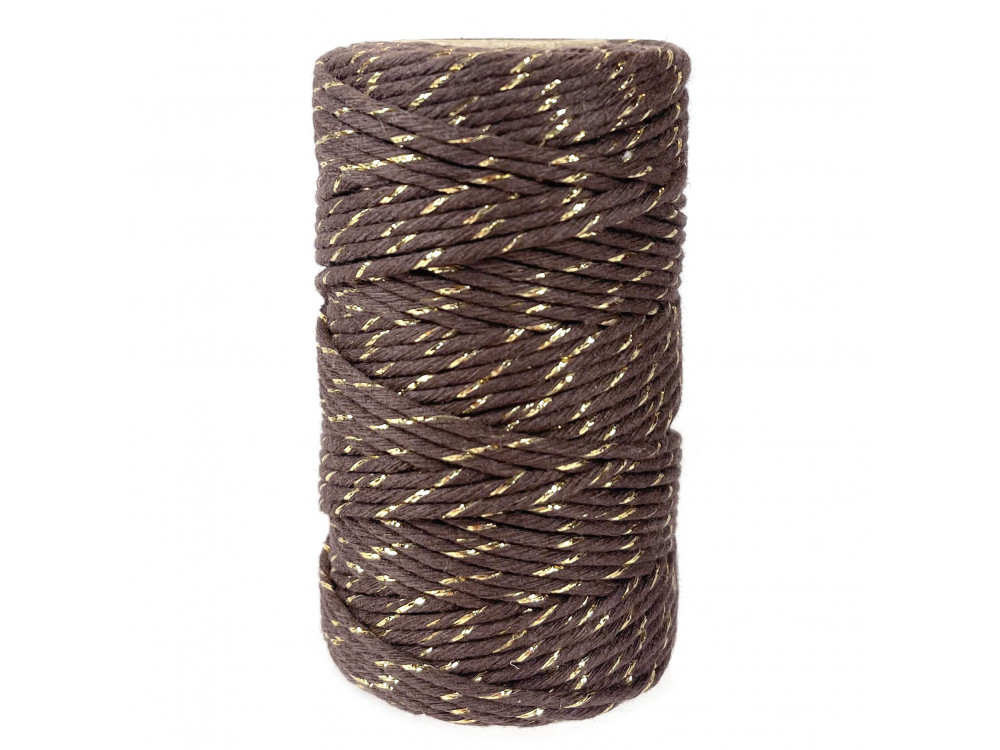 Sznurek bawełniany do makramy - brązowy ze złotą nicią, 2 mm, 100 g, 60 m
