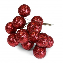 Glitter baubles on wires - red wine, 25 mm, 12 pcs.