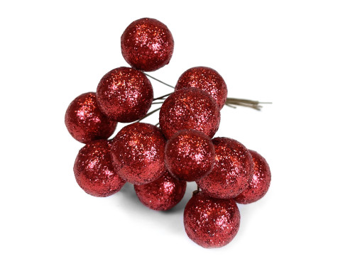 Glitter baubles on wires - red wine, 25 mm, 12 pcs.