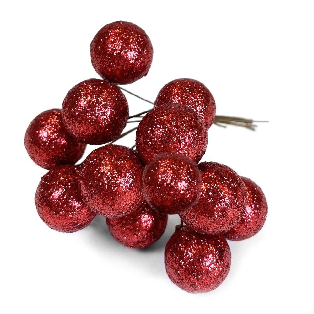 Glitter baubles on wires - red wine, 25 mm, 12 pcs.