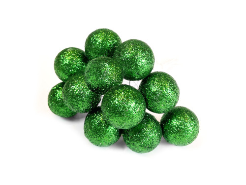 Glitter baubles on wires - bottle green, 25 mm, 12 pcs.