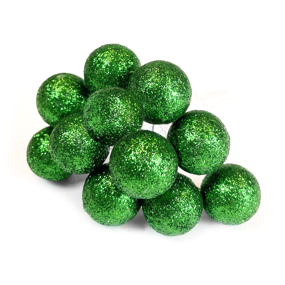 Glitter baubles on wires - bottle green, 25 mm, 12 pcs.