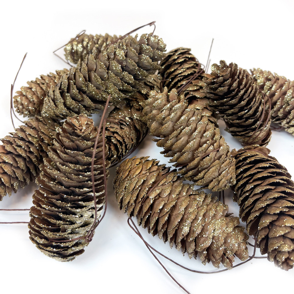 Pine cones with wires and glitter - gold, 12 pcs