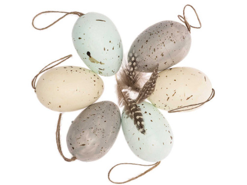 Eggs pendants with feathers - Rico Design - pastel colors, 6 cm, 6 pcs