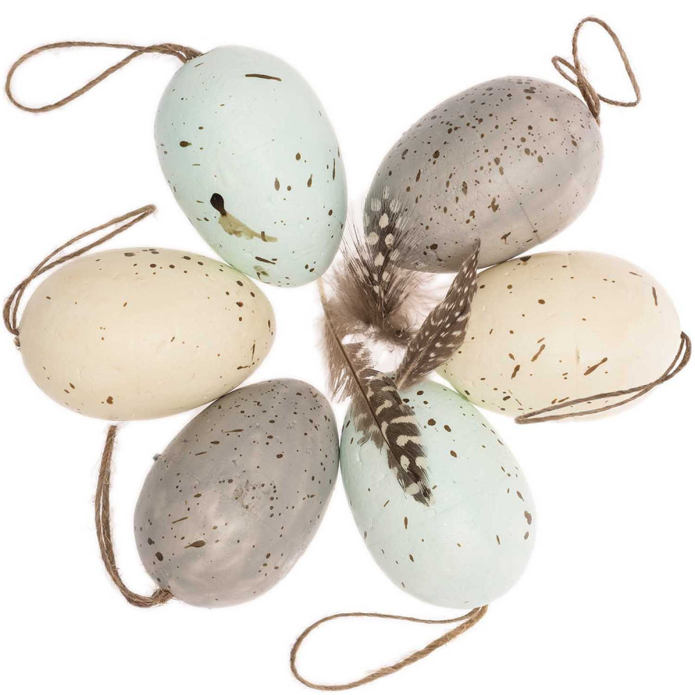 Eggs pendants with feathers - Rico Design - pastel colors, 6 cm, 6 pcs