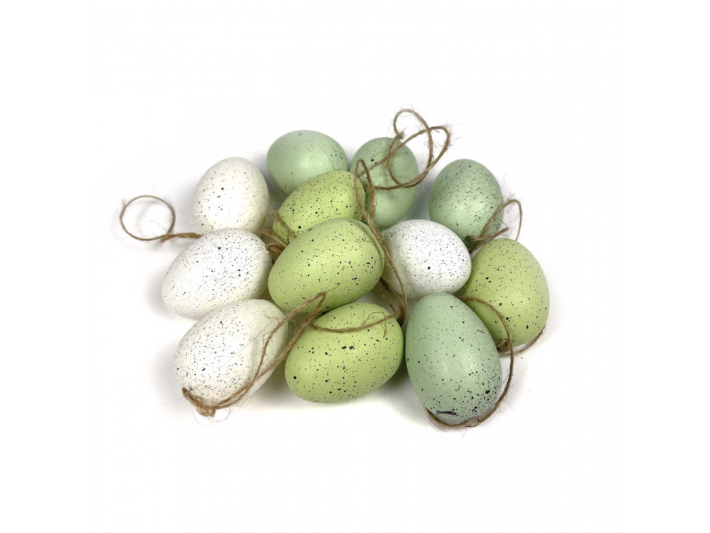 Eggs pendants - green, light green, white, 5 cm, 12 pcs