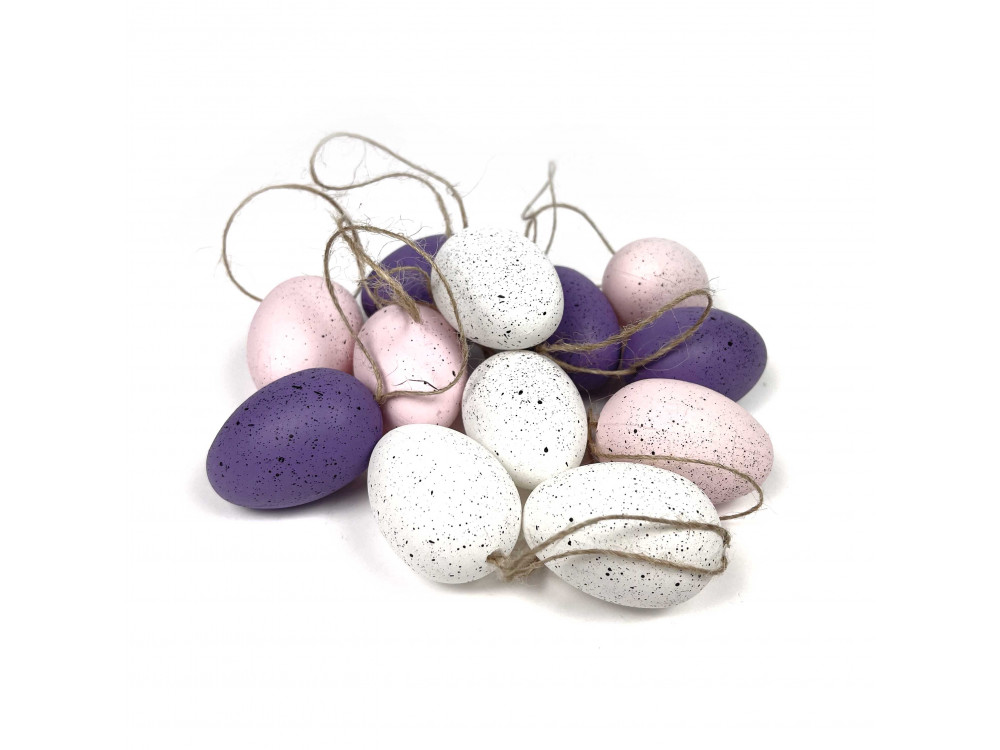 Jajka zawieszki - fioletowe, białe, różowe, 5 cm, 12 szt.