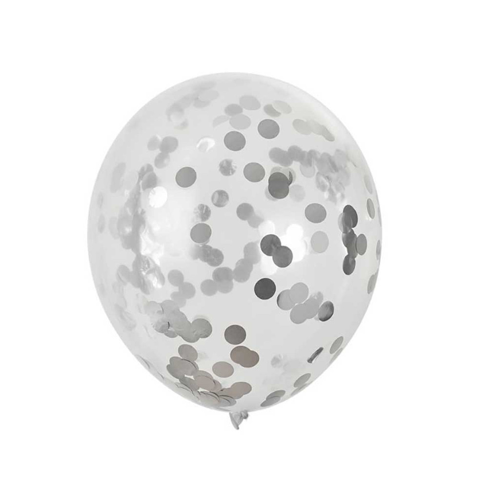 Balony z konfetti - srebrne, 30 cm, 5 szt.