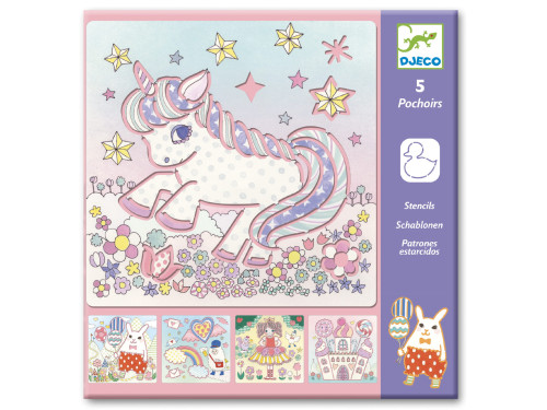Stencils for drawing - Djeco - Unicorns, 5 pcs