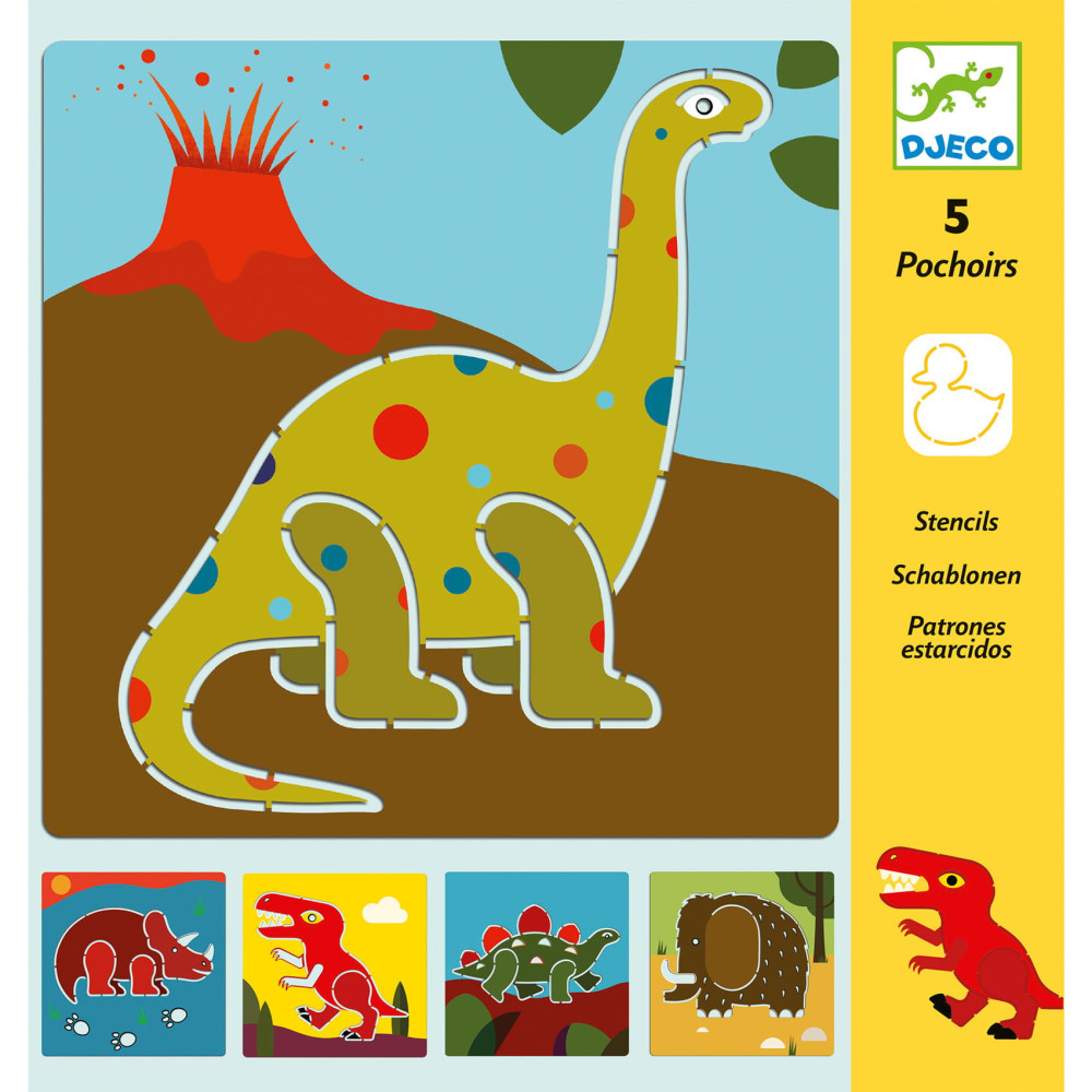 Stencils for drawing - Djeco - Dinosaurs, 5 pcs