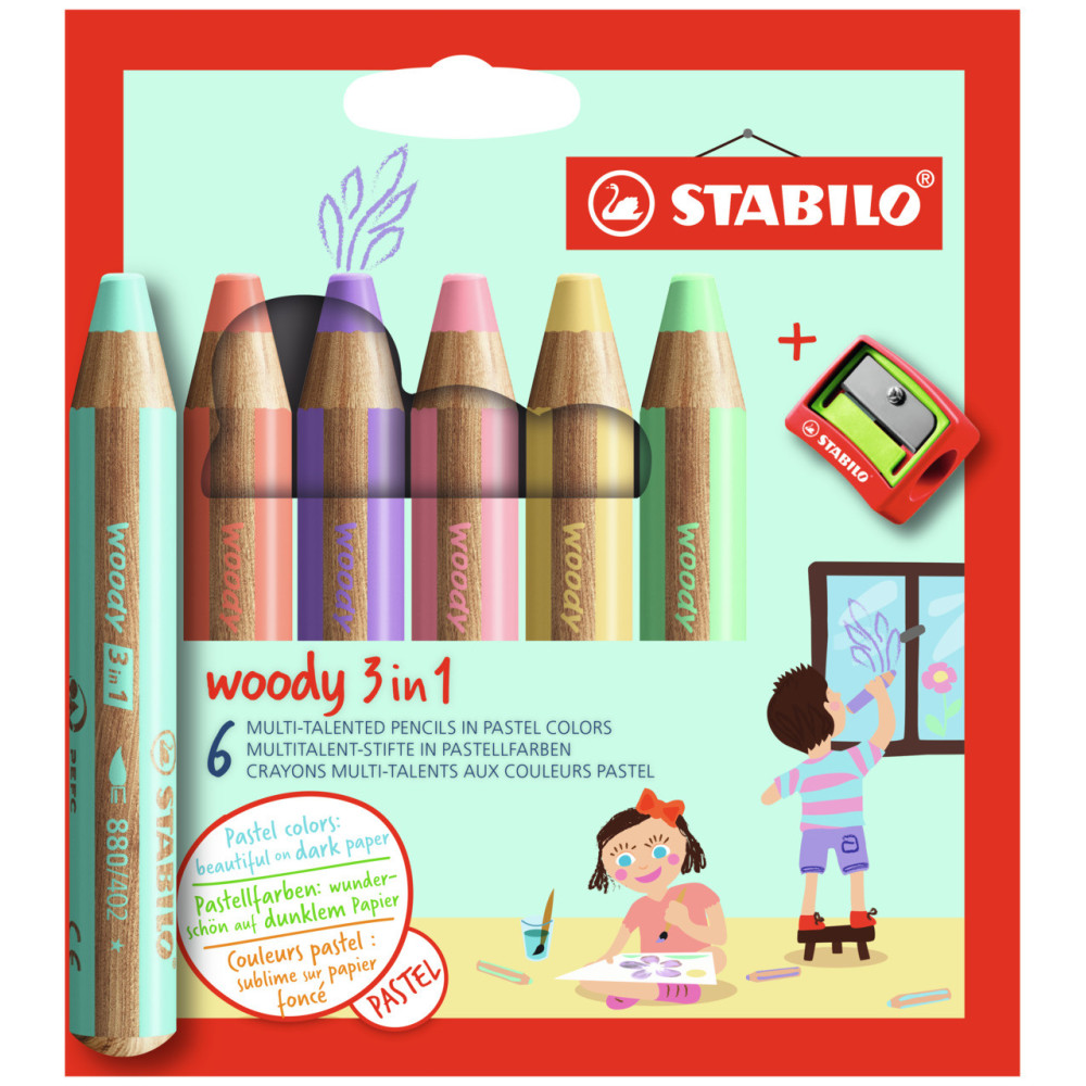 Zestaw kredek dla dzieci Woody 3 w 1 - Stabilo - pastelowe, 6 kolorów