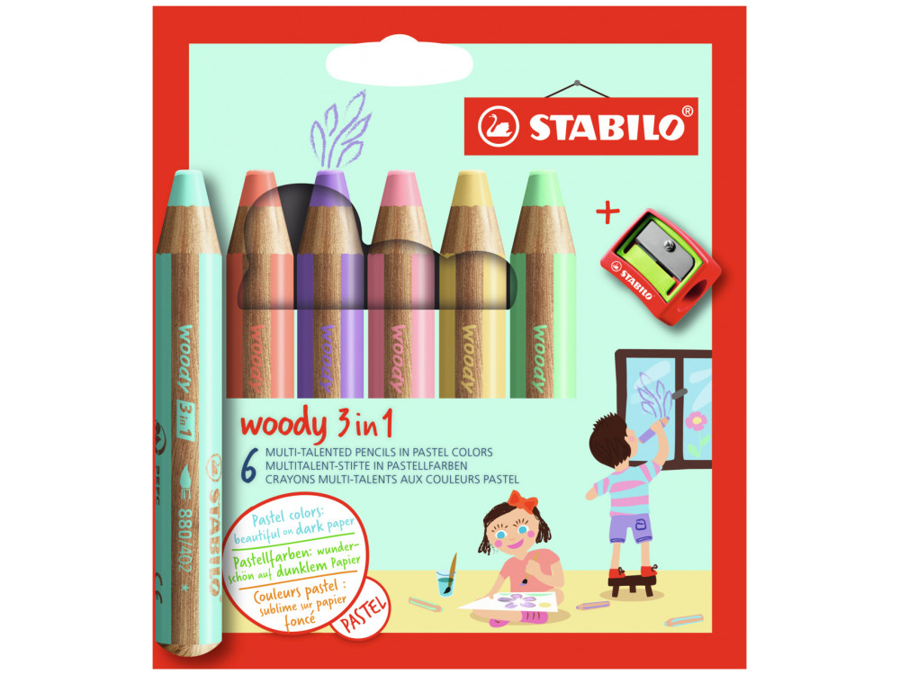 Zestaw kredek dla dzieci Woody 3 w 1 - Stabilo - pastelowe, 6 kolorów