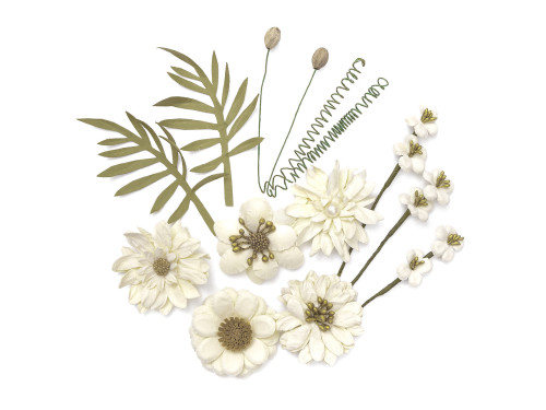 Kwiaty papierowe z liśćmi - DpCraft - kremowe, 12 szt.