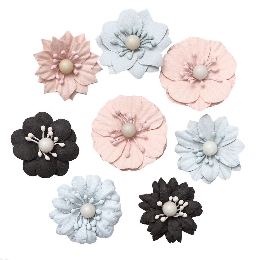 Kwiaty papierowe - DpCraft - pastelowe i czarne, 8 szt.