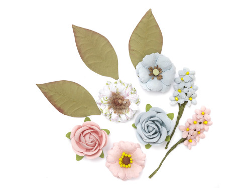 Paper flowers with leaves - DpCraft - pink & blue, 10 pcs